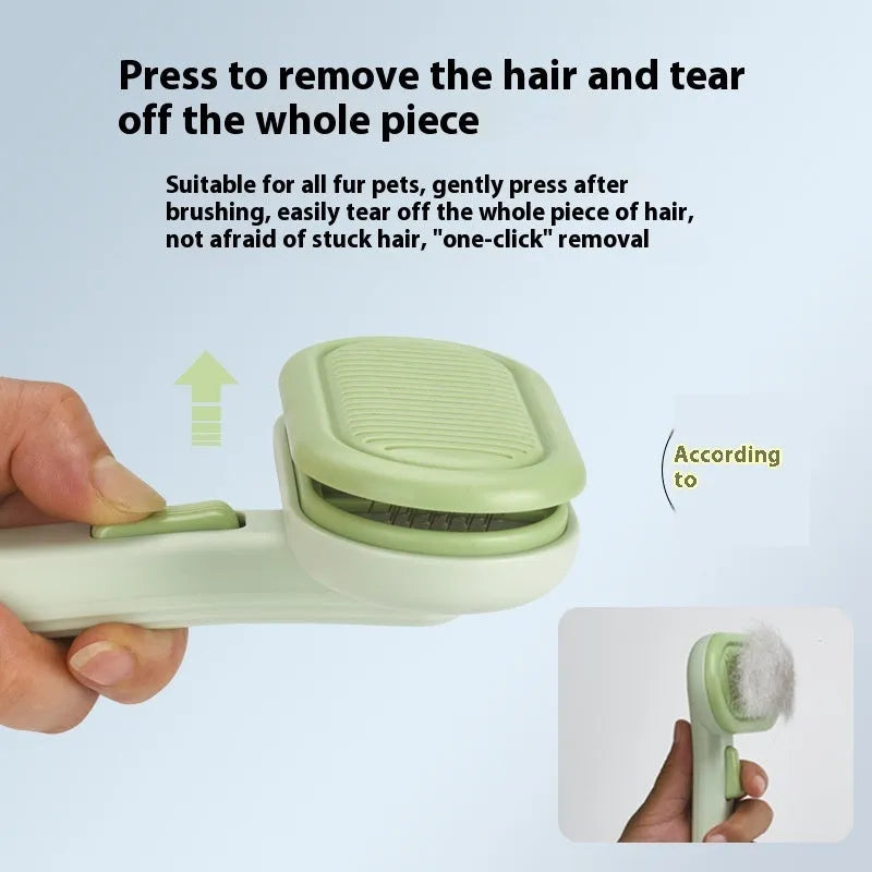 Large pet grooming comb with stainless steel teeth and one-click cleaning button in light grey colour
