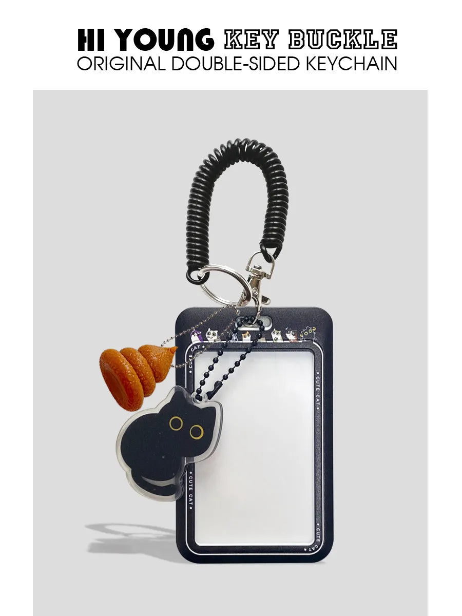 Plastic card holder with cartoon black cat design and a metal ferrule pendant attached.