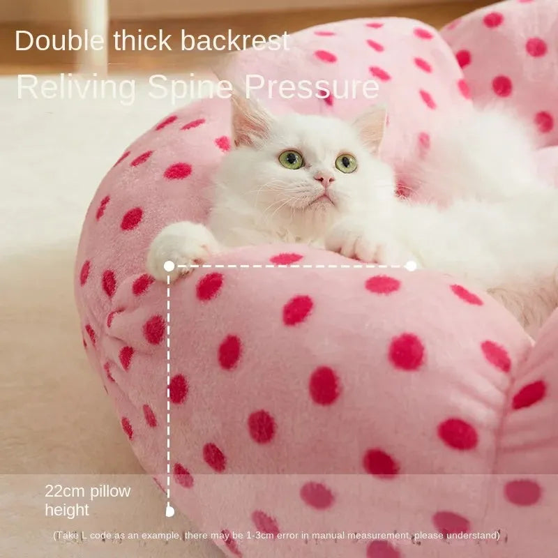 Pink fabric circular cat princess bed shown in two sizes: 45cm and 65cm diameter.