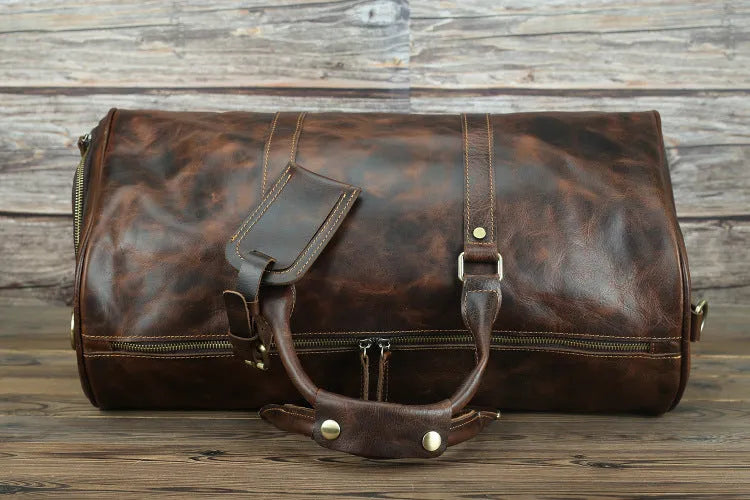 Men's crazy horse leather travel bag brown coffee 50cm length 25cm height