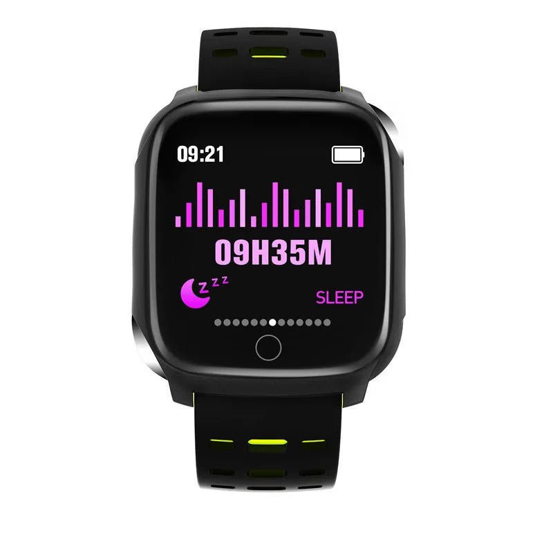 F16 smart watch with ECG and blood pressure monitoring on wrist, showing black watch body with coloured silicone strap