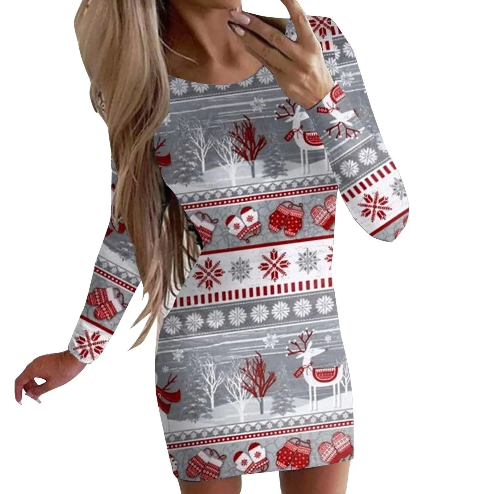 Women's red Christmas print narrow dress with animal pattern, round neck, long sleeves