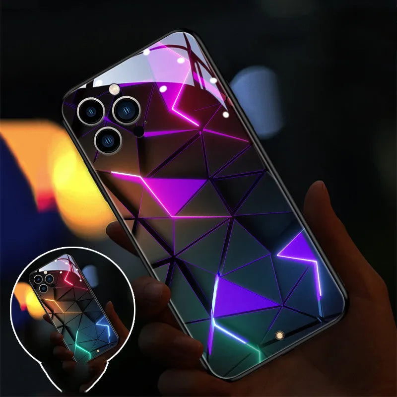 Clear tempered glass iPhone case with LED light notification feature on a phone.