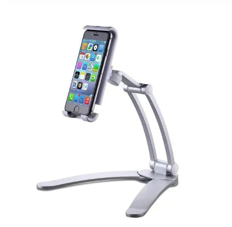 Silver aluminium desktop tablet stand with adjustable angle and folding clamp holding a tablet.
