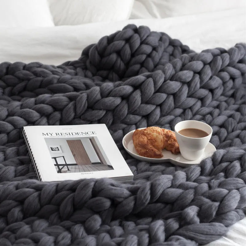 Nordic thick acrylic hand-woven blanket in white colour with plain pattern