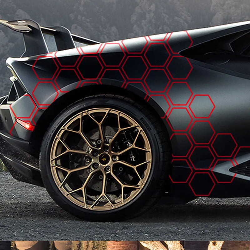 Set of 10 reflective hexagon pattern car body stickers in black, white, red, and colourful, each 8.4x10cm