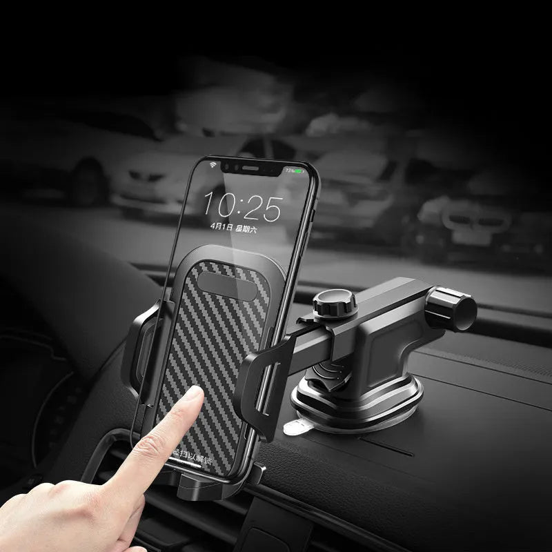 Black adjustable car phone holder showing width adjustment from 58mm to 80mm