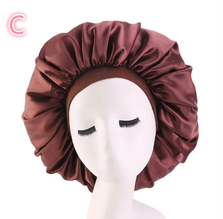 Beauty print satin silk bonnet sleep cap with elastic edge, available in multiple colours