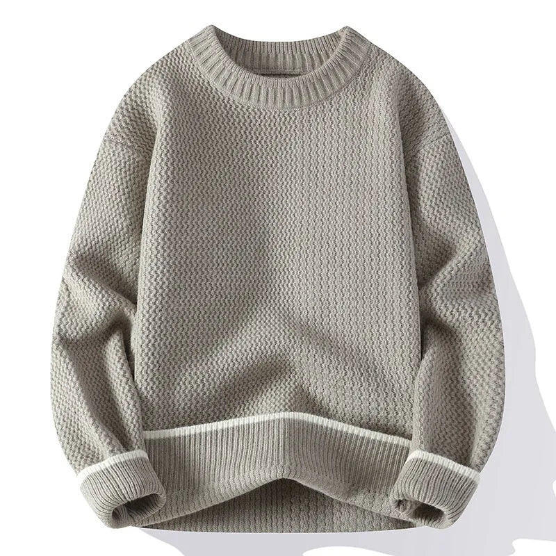 Men's grey chemical fibre blending sweater with round neck and long sleeves in loose fit