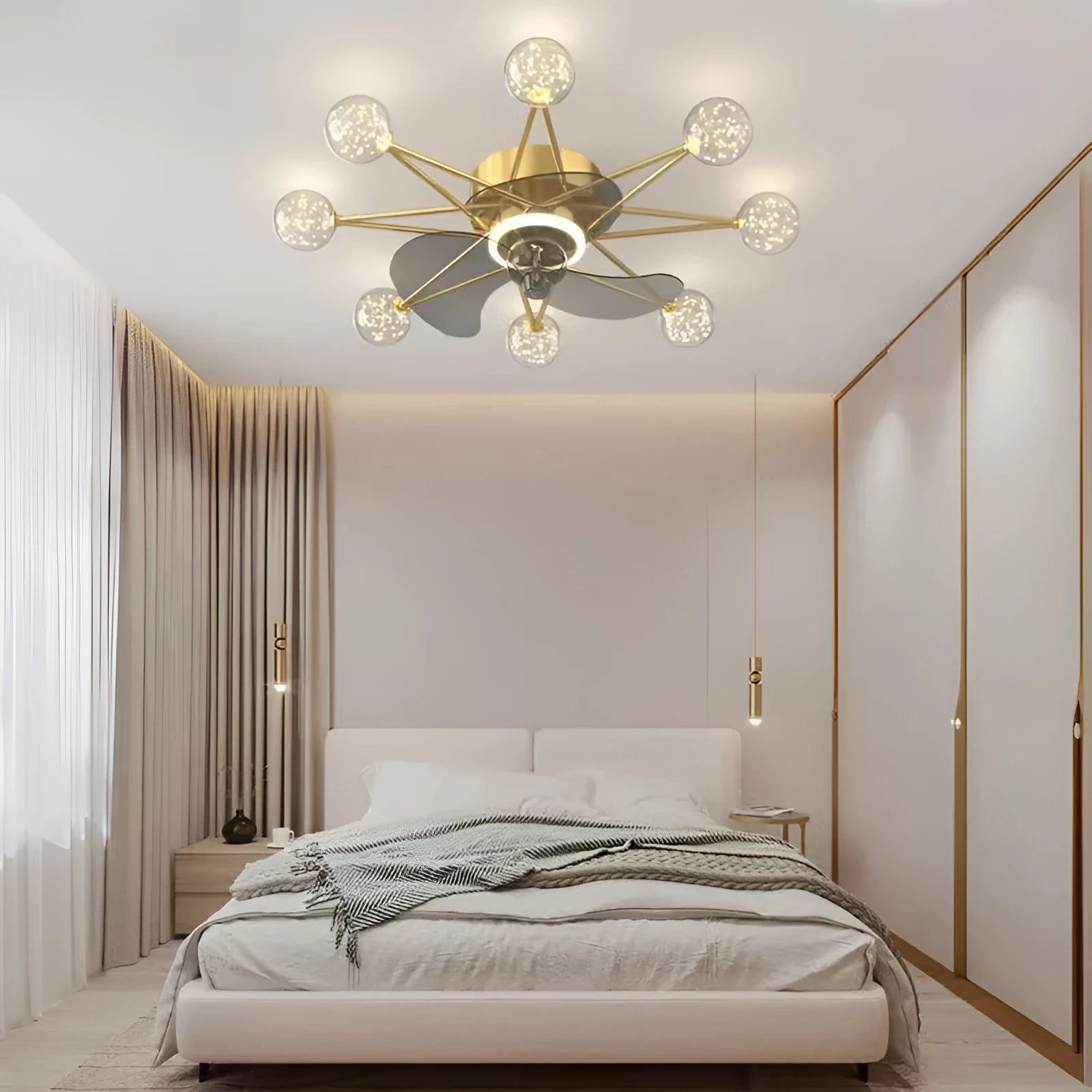 Nordic ceiling fan light with full of stars circular lampshade in Black for living room