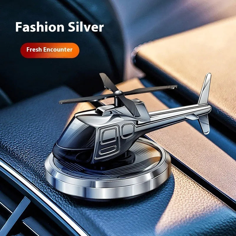 Solar-powered metal helicopter car air freshener ornament with rotating blades in three colour options