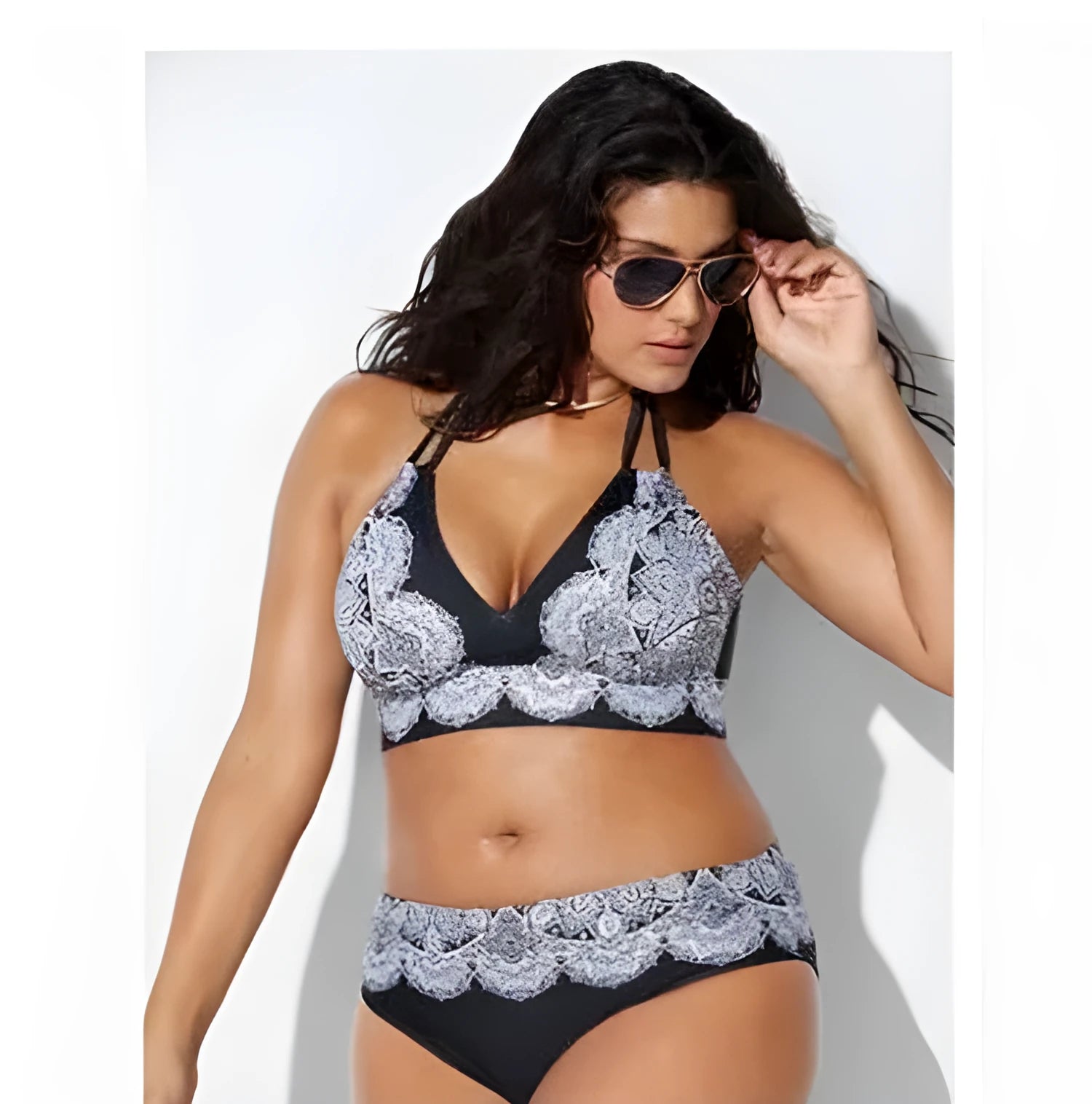 Printed split bikini in black, nylon fabric with high elasticity, quick-drying and tight fit with removable pads, sizes XL-5XL