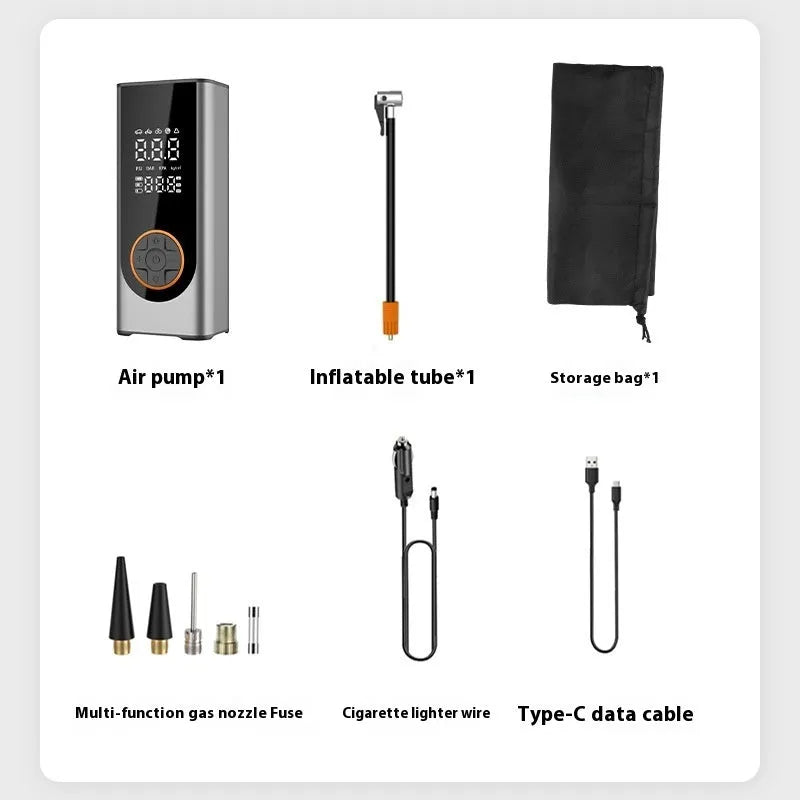 Wireless intelligent aluminium alloy car tyre inflator in black with LED gauge and warning light on a dark background