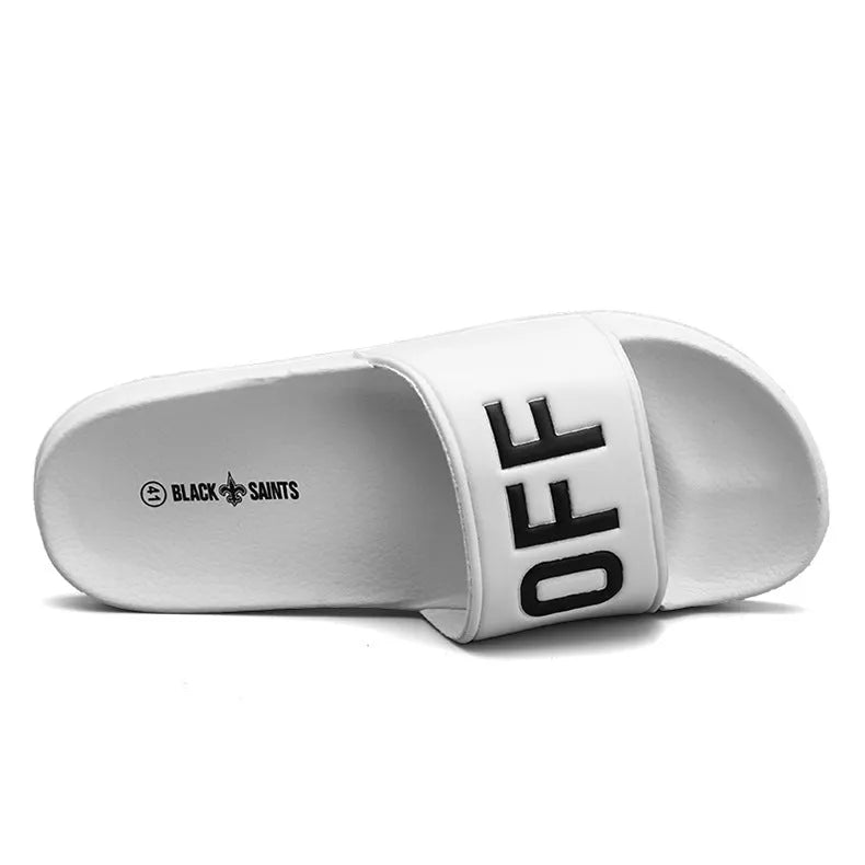 Large size men's open-toe slippers with rubber sole, shown in black and white colour options.