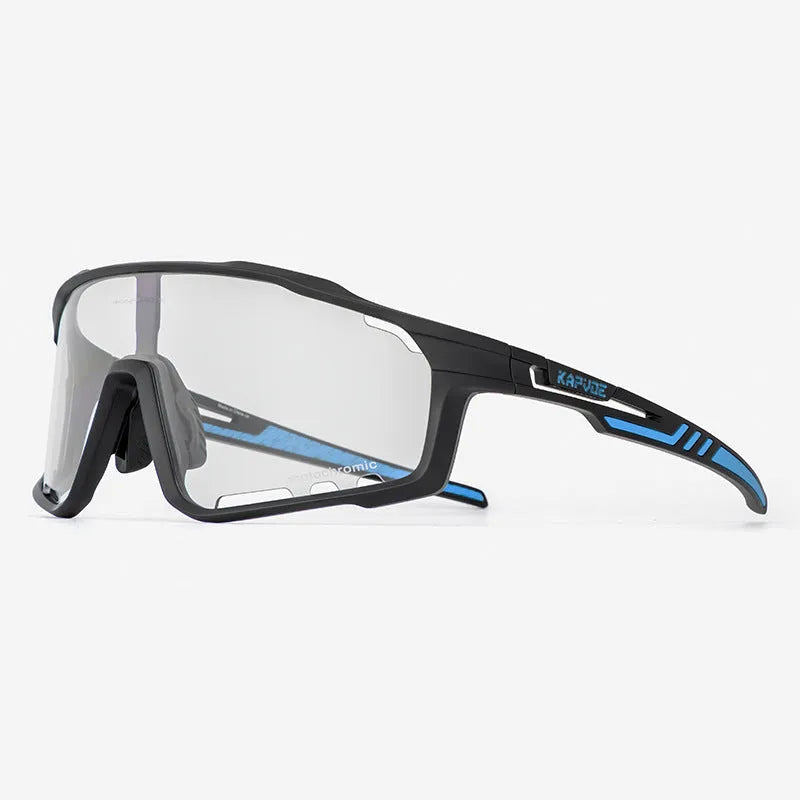 Photochromic cycling sunglasses with a semi-rimless TR90 frame shown in one of fourteen colour options.
