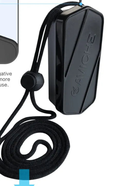 Black wearable air purifier necklace showing compact 80x37x24mm dimensions and plastic construction