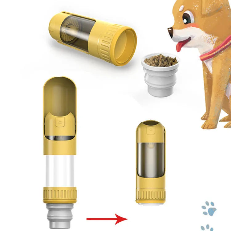 Portable dog water bottle with integrated bowl in dark blue, white, or yellow colours