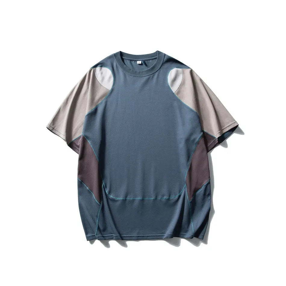 Men's loose patchwork contrast colour sports T-shirt with short raglan sleeves