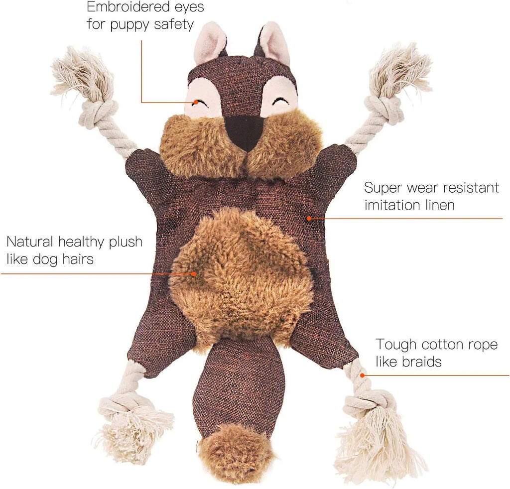 Brown fox plush dog toy with embroidered eyes, cotton rope arms and legs with knots