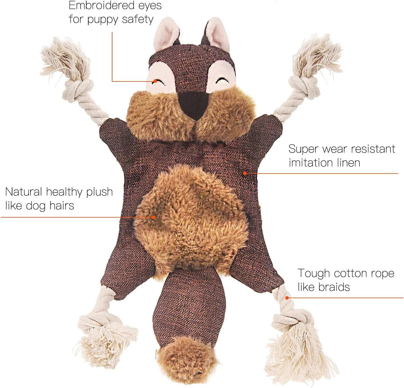 Brown fox plush dog toy with embroidered eyes, cotton rope arms and legs with knots