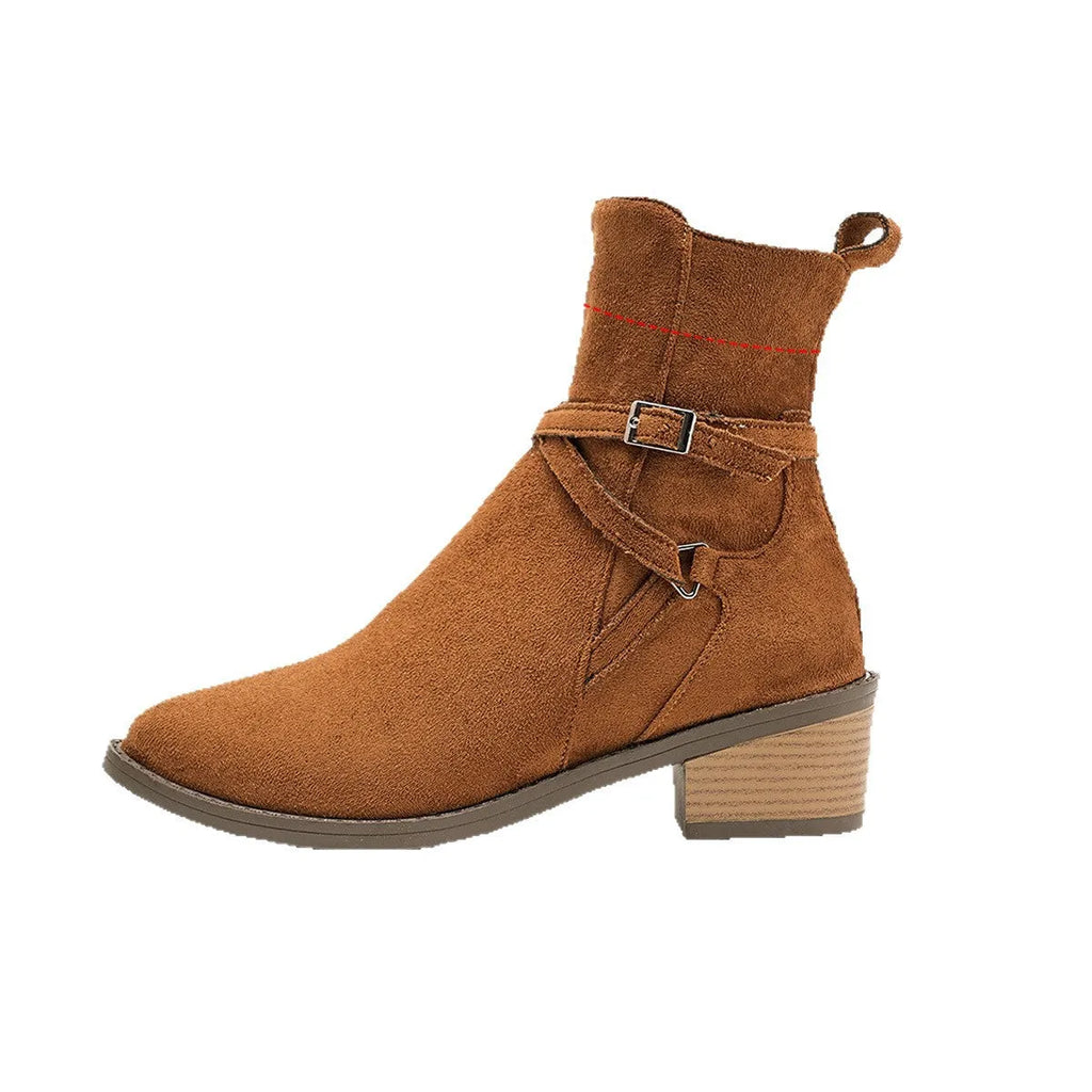 Women's suede ankle boots with cross-strap and side zipper, mid-heel, available in black and camel