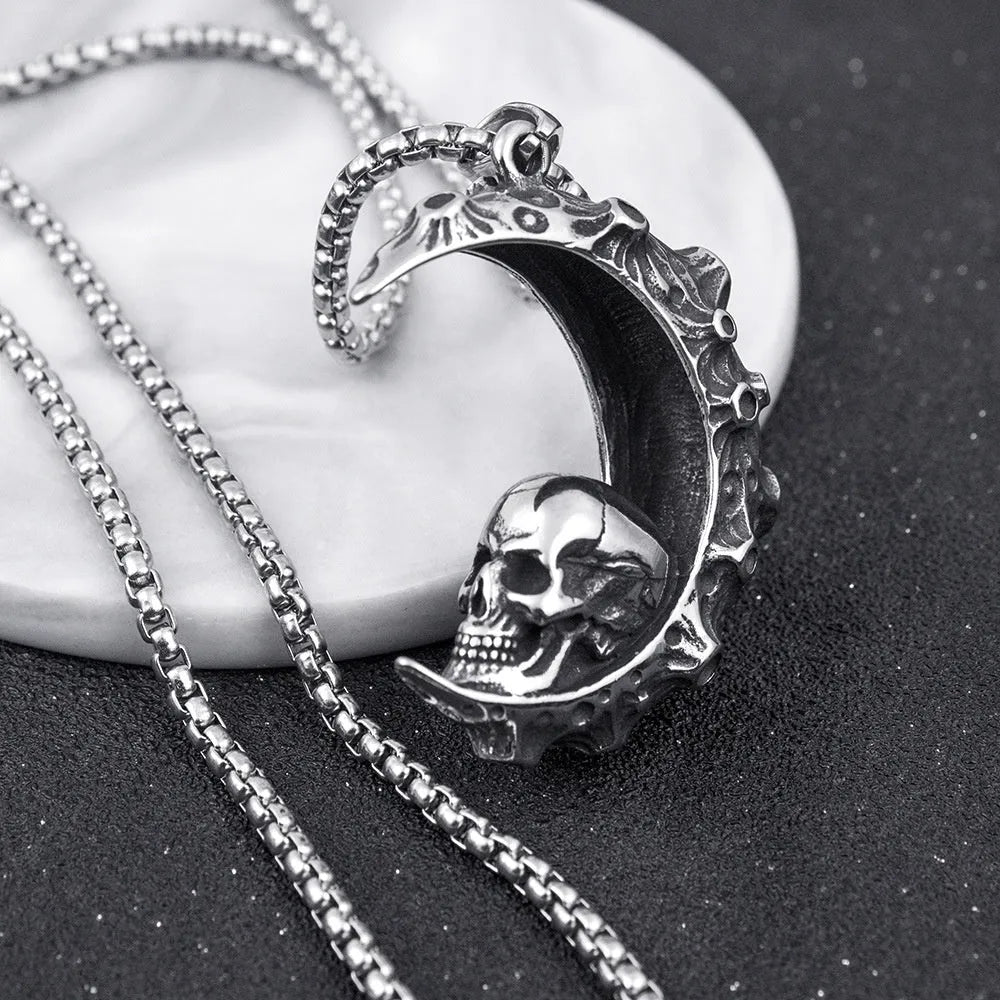 Men's stainless steel skull necklace with electroplated silver finish showing six pendant design options
