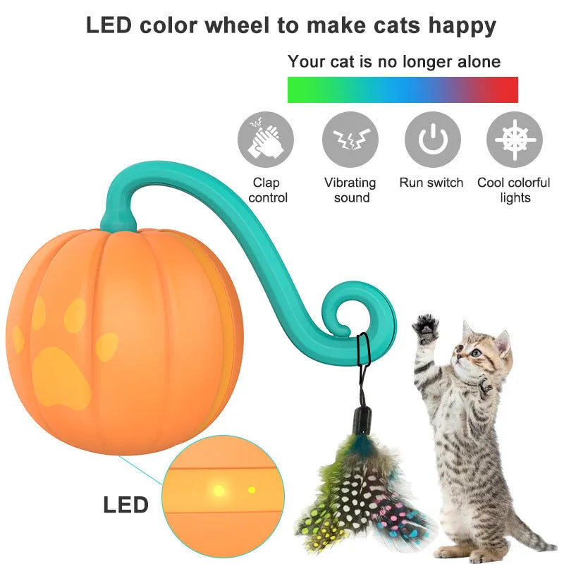 Electric cat toy ball with LED lights showing watermelon cat design and automatic bouncing movement