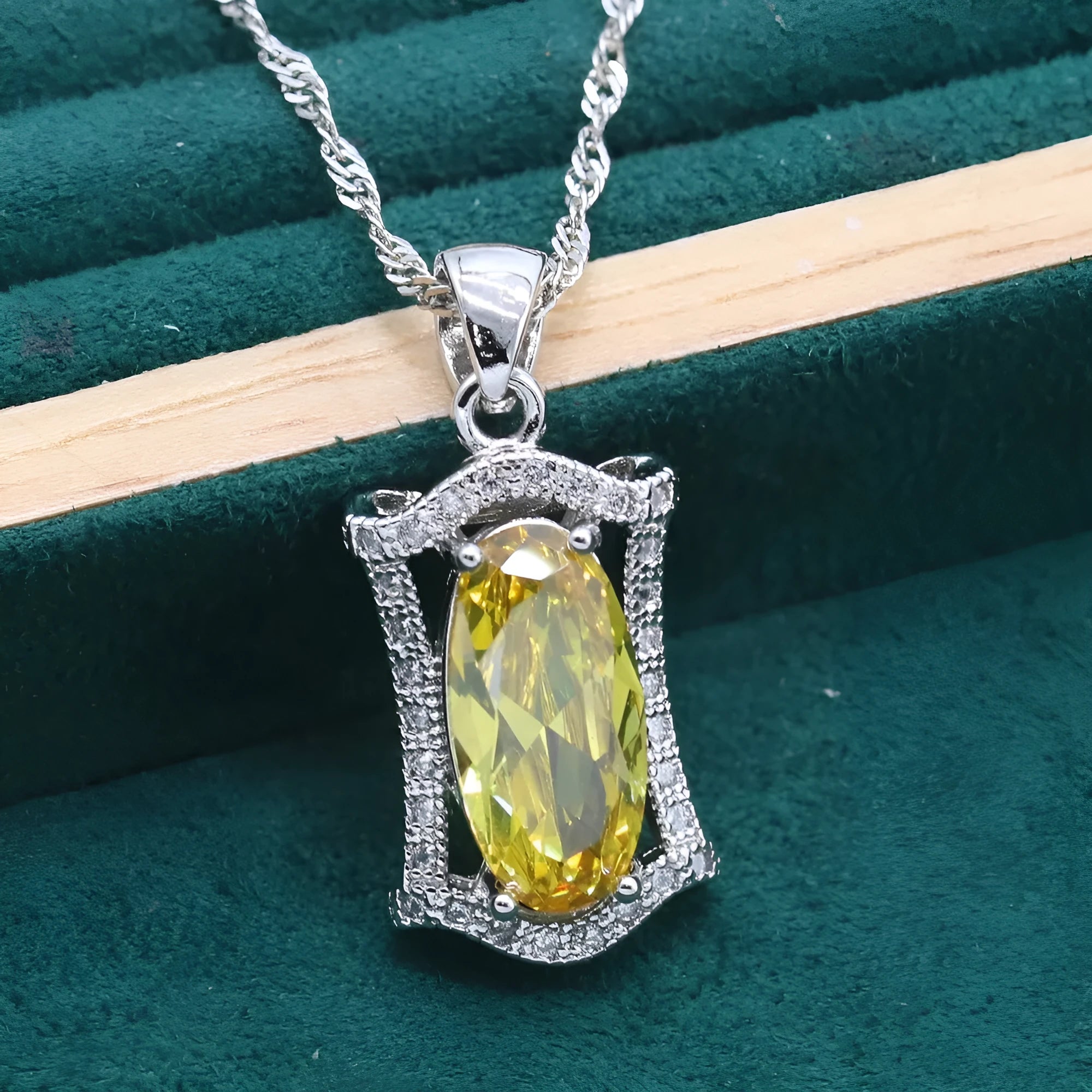 Olive and yellow anti-allergy zircon alloy jewellery set for women, showing necklace, earrings, ring, and bracelet.