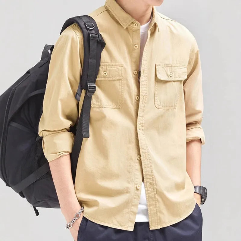 Men's loose fit long sleeve shirt overalls in cardigan style with polyester construction