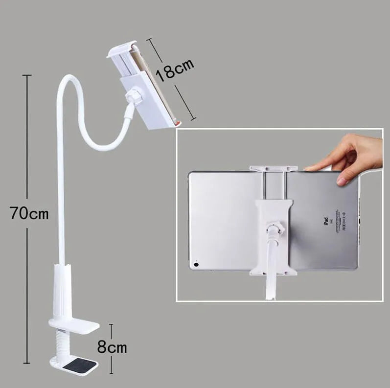 Black bedside phone holder with long arm mounted on a wooden table