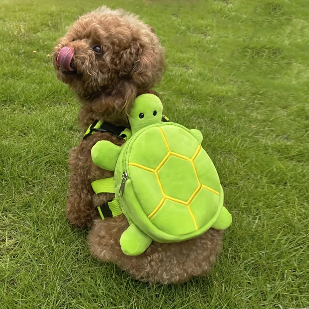 Grey turtle-shaped dog backpack harness with metal zipper and no-pull vest