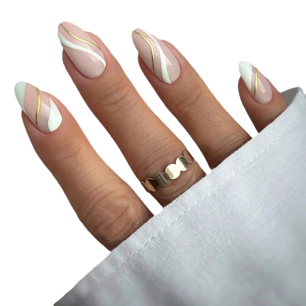 Golden Lines plaid pattern nail stickers in JF0518 jelly glue colour, medium drop shape.