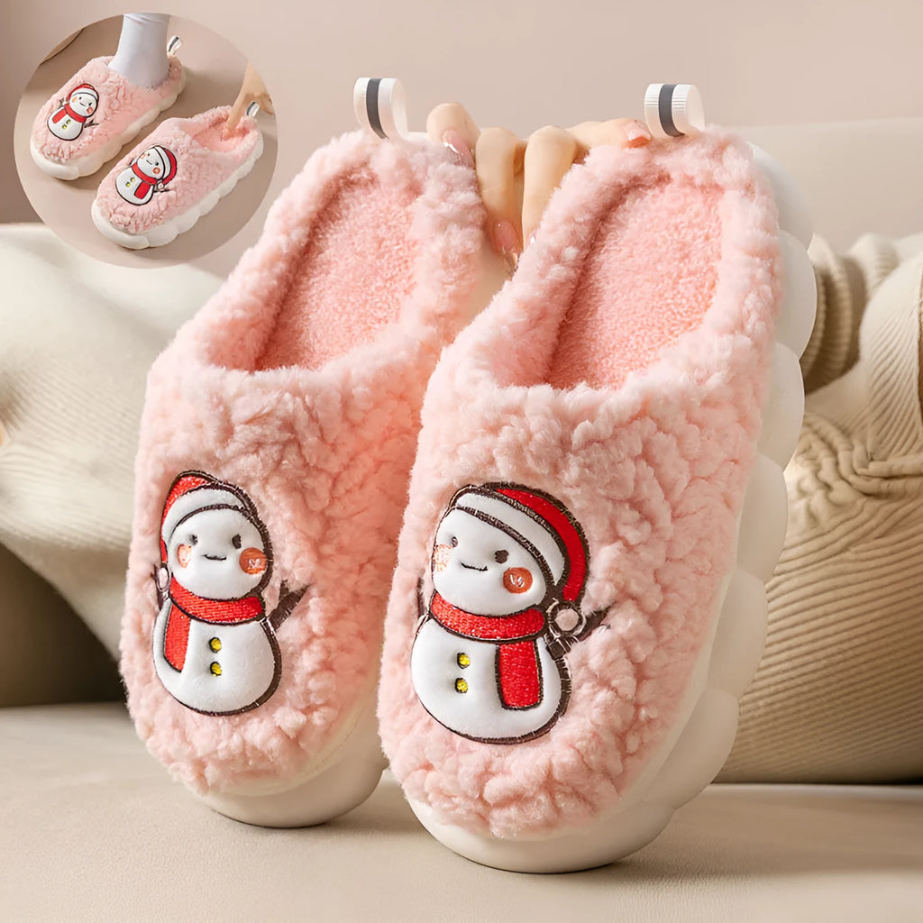 Cute snowman indoor slippers with soft plush upper and anti-slip sole, available in multiple colours