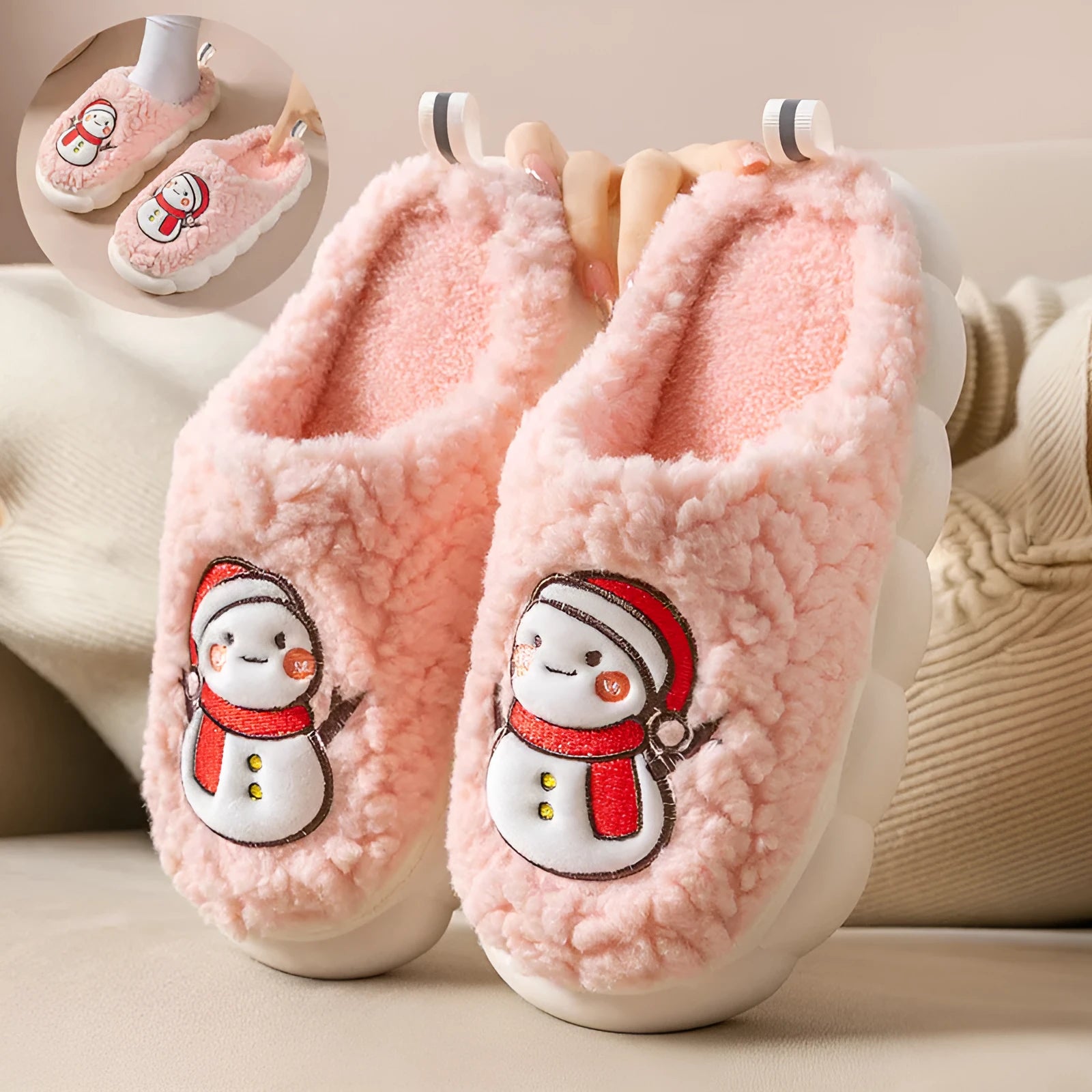 Cute snowman indoor slippers with soft plush upper and anti-slip sole, available in multiple colours