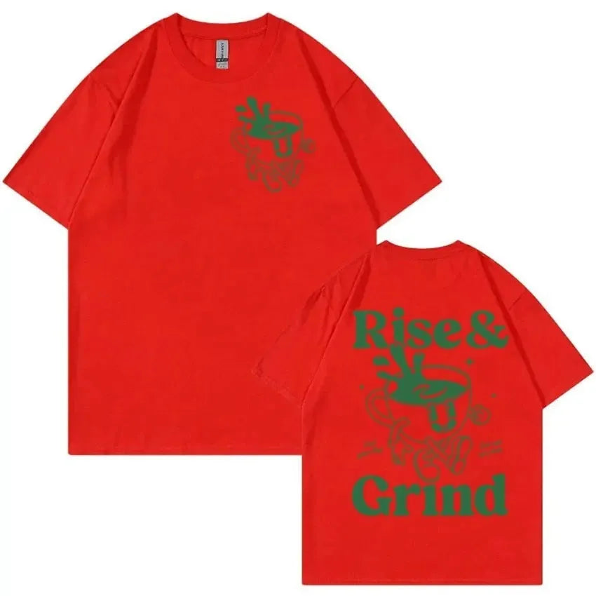 Loose fit linen t-shirt with Rise And Grind text and cartoon coffee graphic