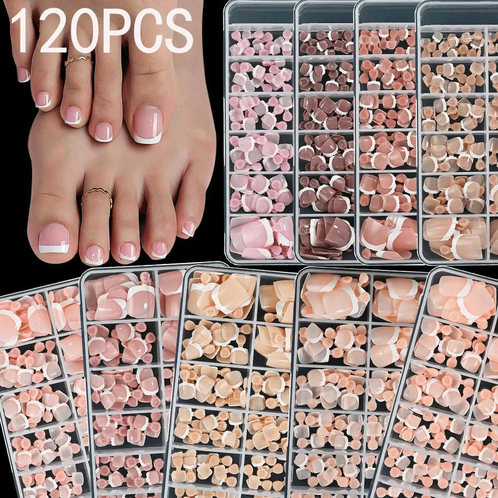 120-piece box of French white edge nude full square short artificial toenails in nine shades