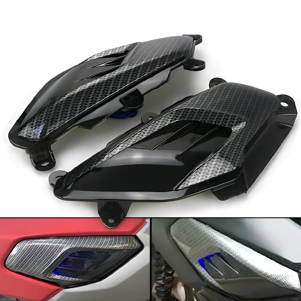 Pair of YAMAHA NMAX carbon fibre LED side lamps with blue or red light options.