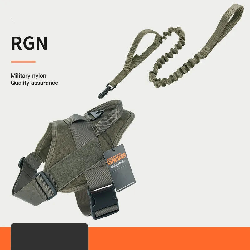 1050D nylon large medium dog harness with UTX buckle and military webbing on grey background