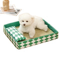 Blue rattan cat litter mat and sleeping bed next to a litter tray, showing woven texture and size scale.