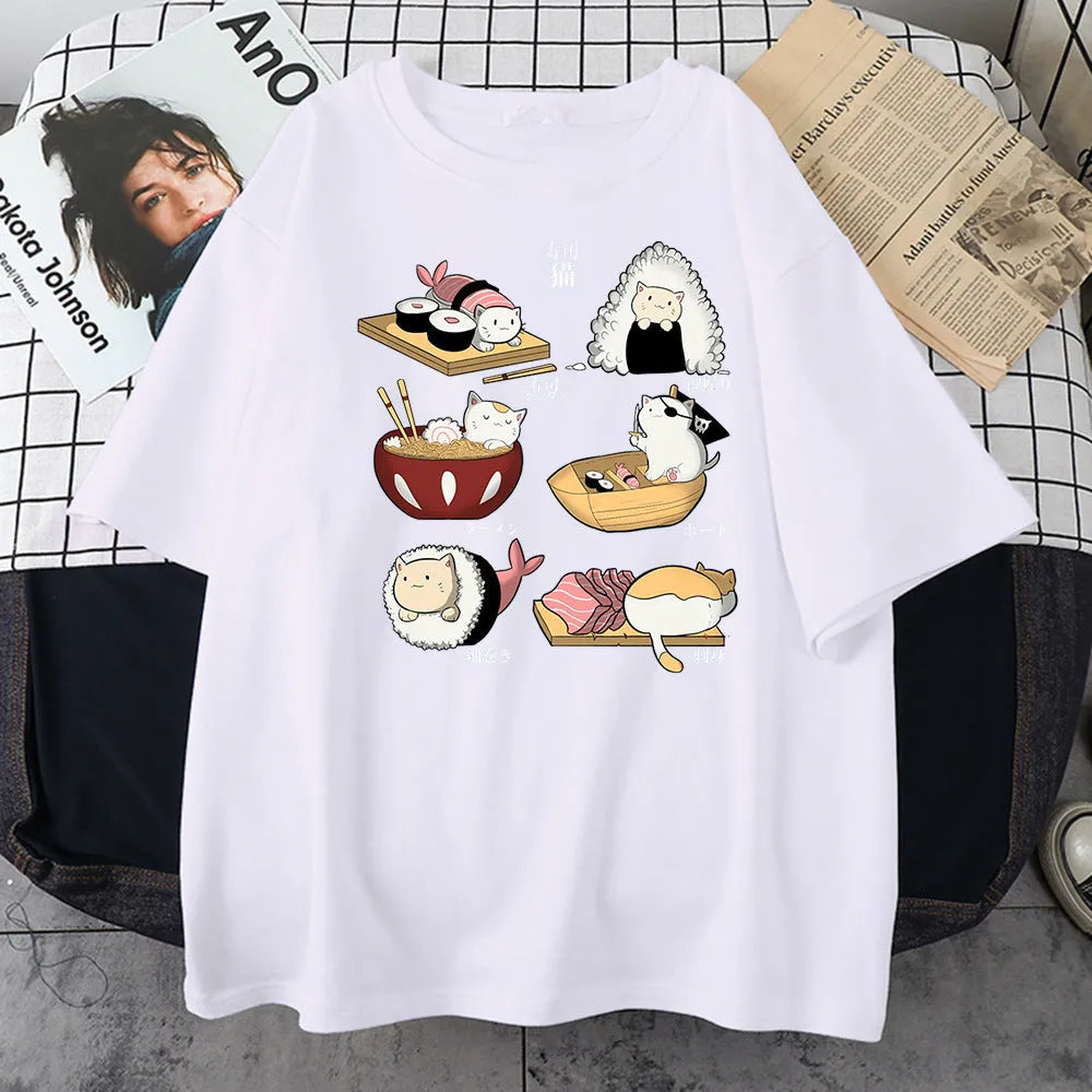 Men's black cotton t-shirt with cute cat sushi cartoon print, loose fit short sleeve design