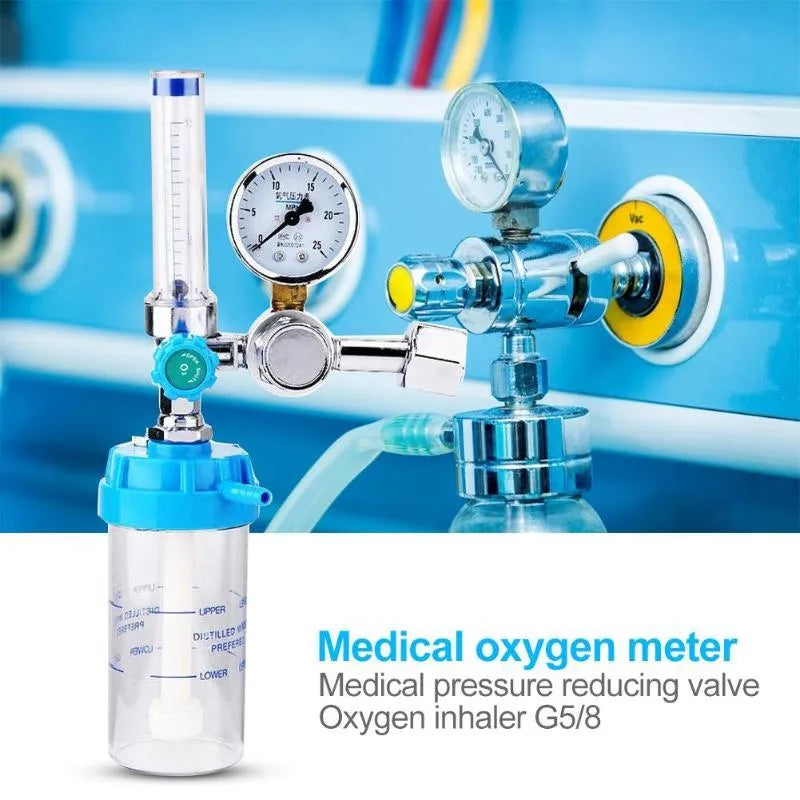 Blue oxygen cylinder pressure reducer with gauge and outlet for oxygen supply systems