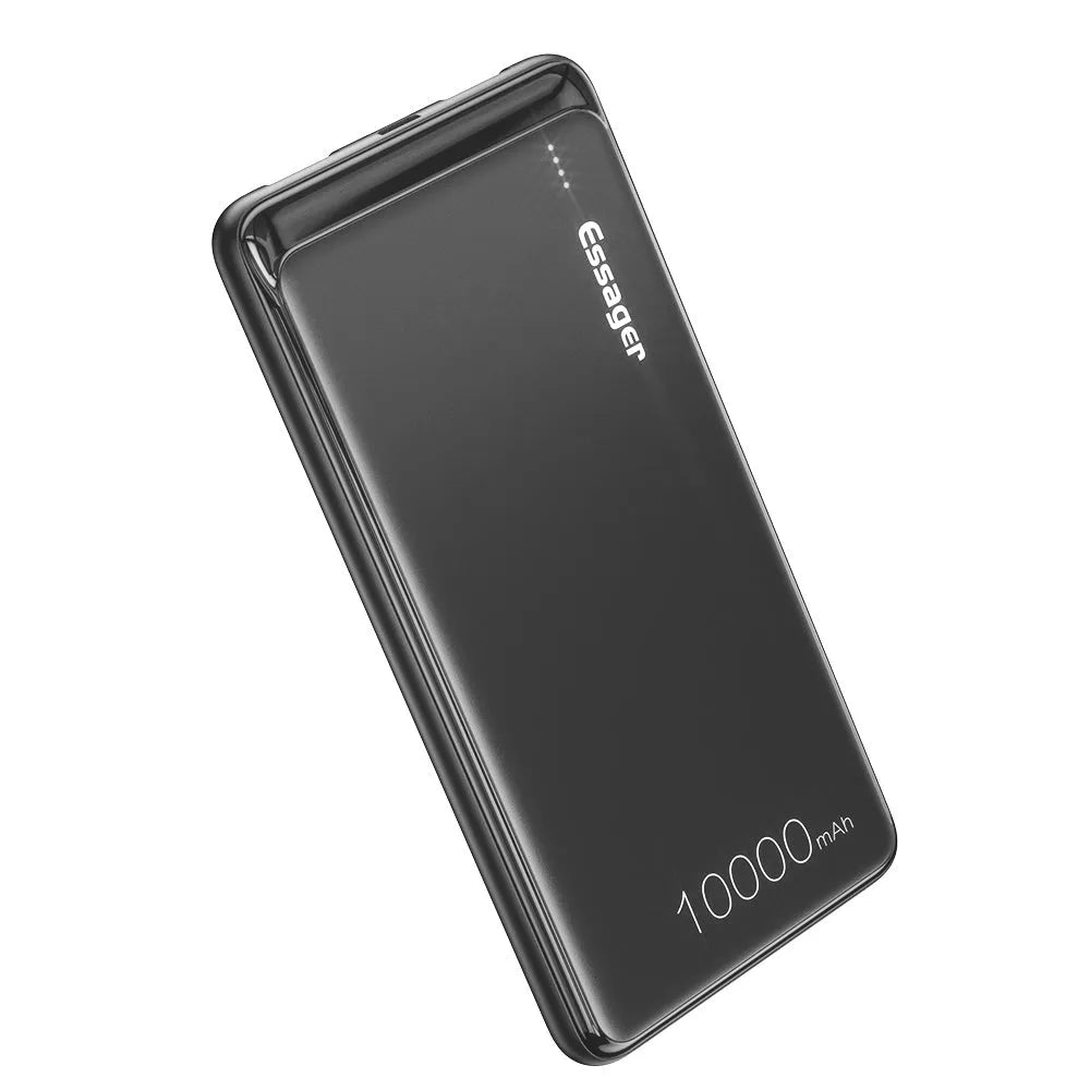 Essager Small Jane black or white 10000mAh ultra-lightweight power bank showing dual USB outputs and LED indicators