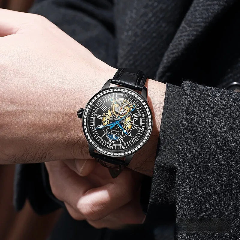 Men's waterproof mechanical watch with stainless steel case, round dial, and butterfly buckle in rose gold colour.