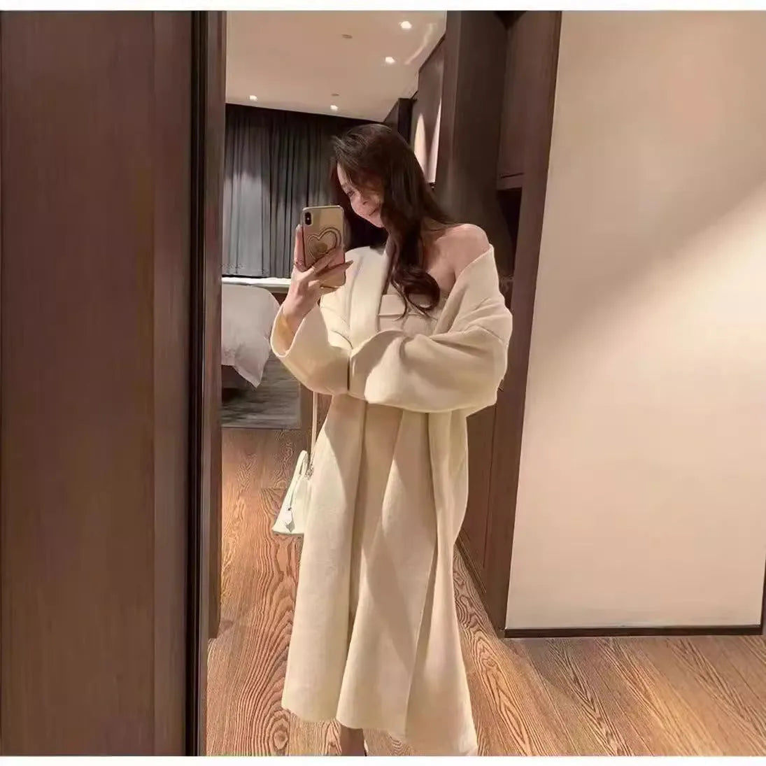 Women's grey knitted cardigan dress and coat two-piece suit set with flocking detail