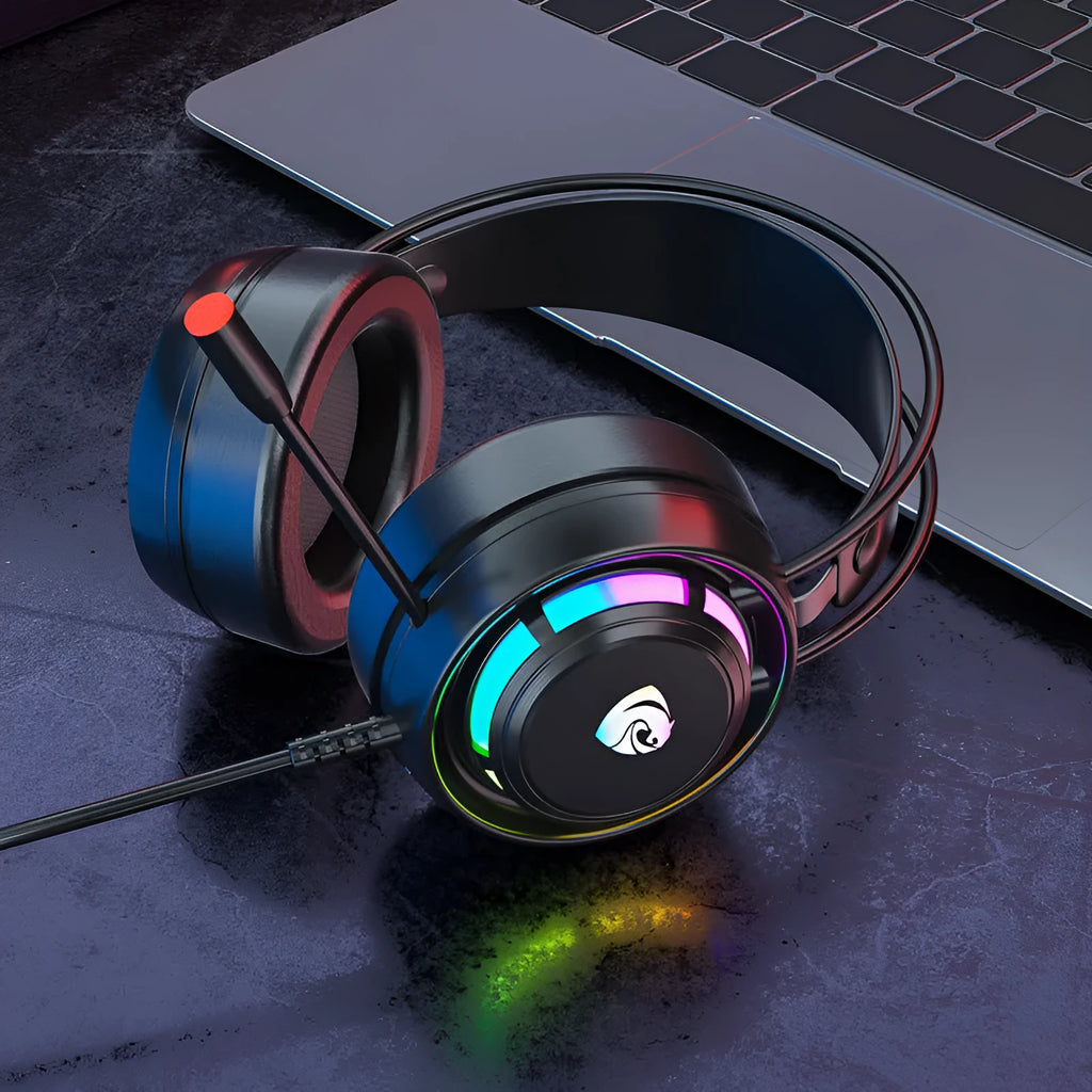 Black over-ear computer headphones with microphone, showing 3.5mm and USB plug options on a 2.2 metre cable.