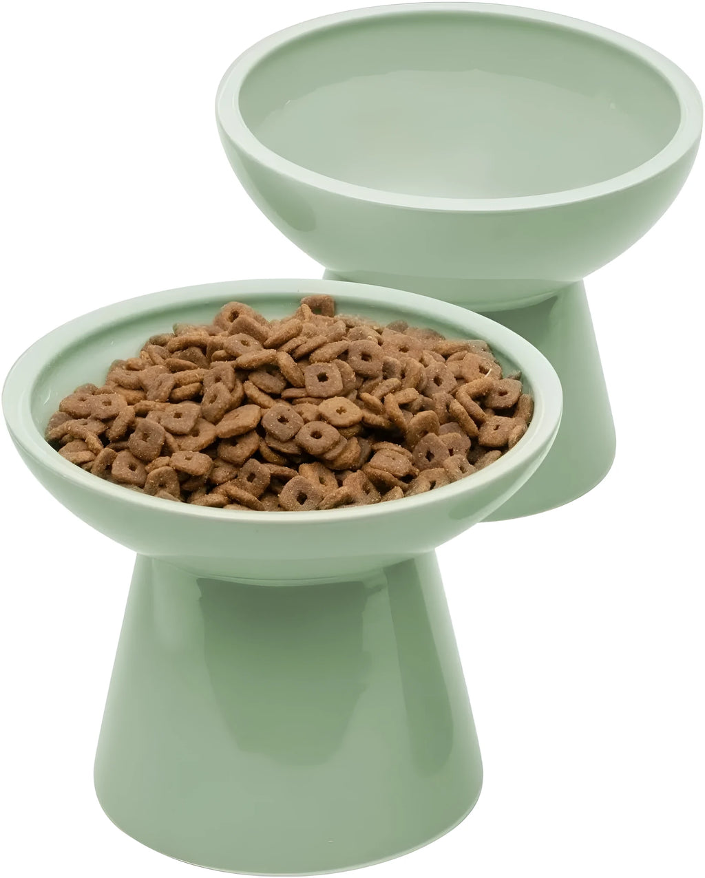 Ceramic elevated cat bowl with wide shallow design in blue, green, pink or white