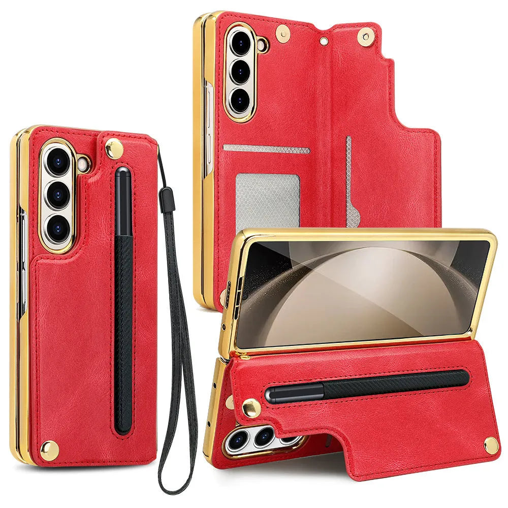 Samsung Z Fold 5 phone case with bracket pen slot card slots black PU electroplated finish