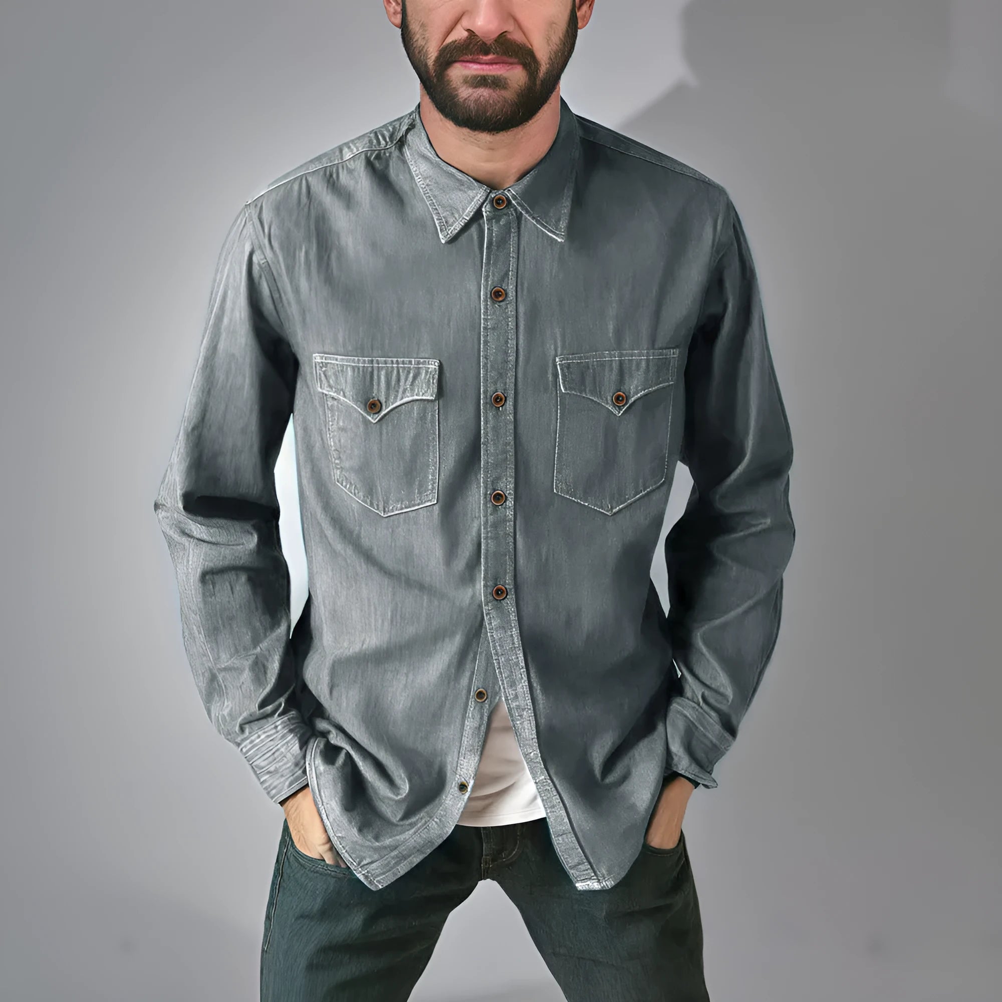 Men's regular fit denim cardigan coat in khaki, available in sizes S to 3XL