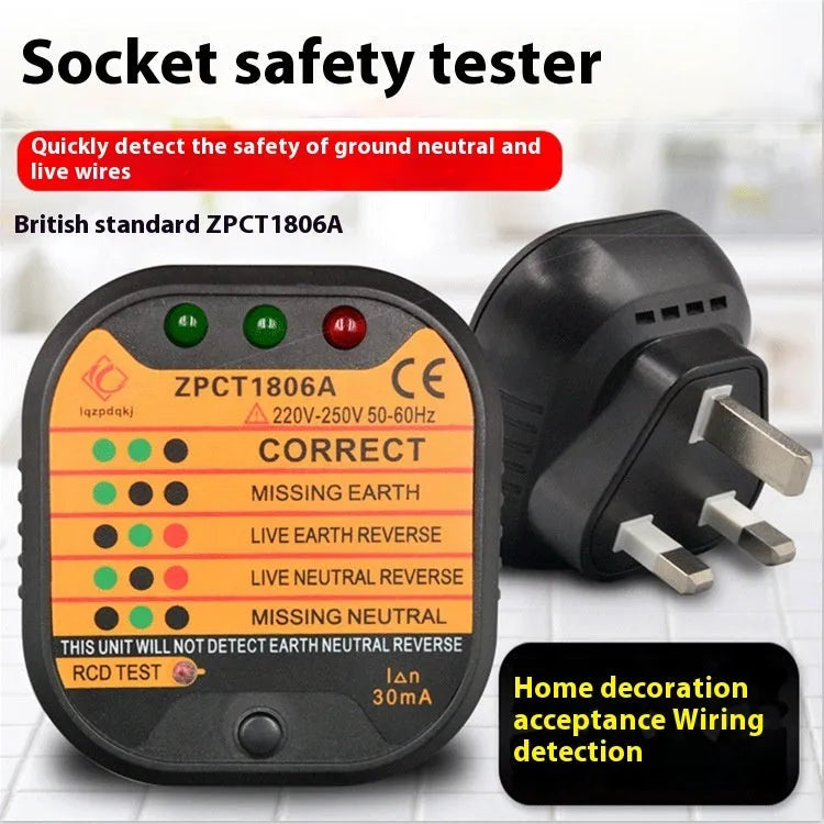 Black socket tester with LED indicators for UK EU US electrical outlet wiring fault detection