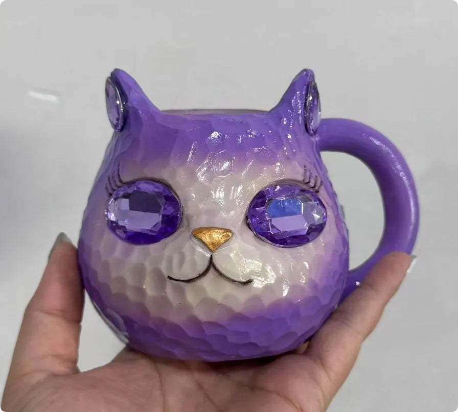 Cat cup resin craft ornament in purple, green, blue, or pink colours for desk display